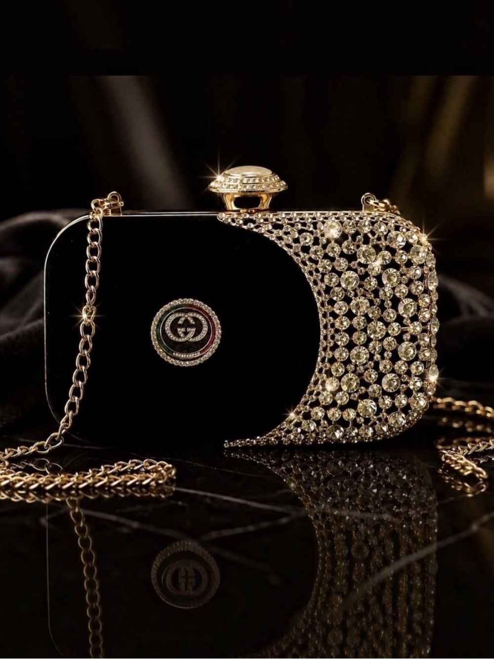 Authentic Luxe & Lattice Black-Gold Swarovski Crystal Embellished Evening Bag